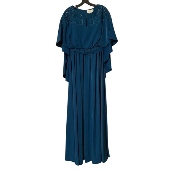 Sachin & Babi Size 12 NEW Moroccan Blue Crepe Embroidered Wren Cape Maxi Gown - Picture 4 of 10